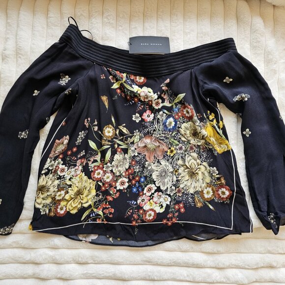 New ZARA Off The Shoulder Floral Top Bell Sleeve Bandana Flower Print Blouse - Picture 2 of 11